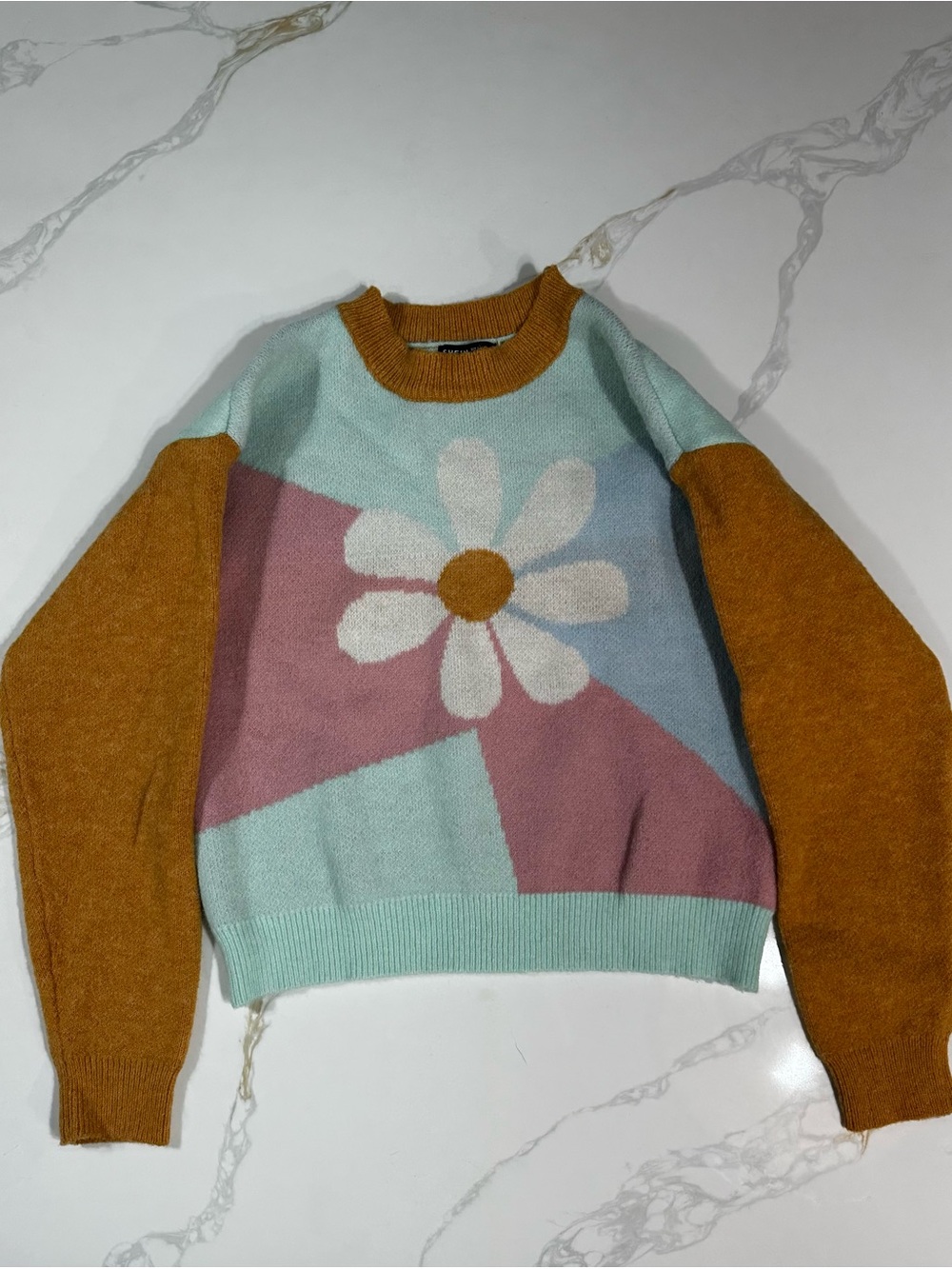 Womens Floral Colorblock Pullover Sweater - Mint, Mustard & Rose